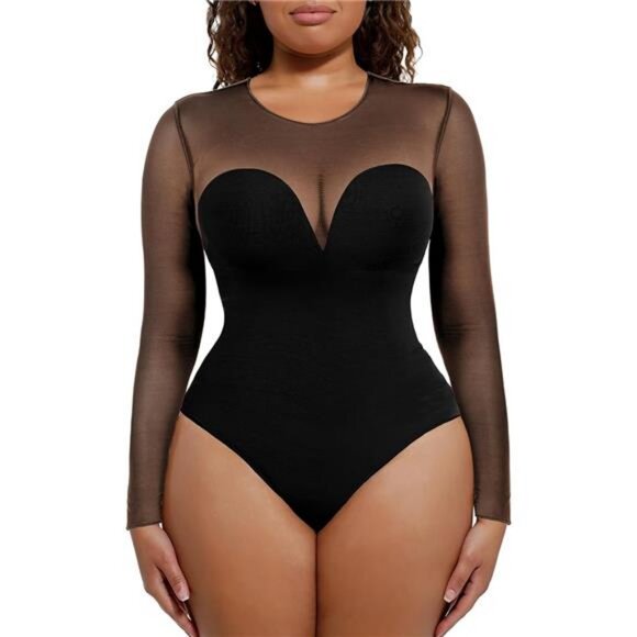 Long Sleeve Mesh Shapewear Bodysuit for Women Tummy Control Sheer Body Suits - Picture 12 of 12